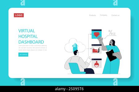Healthcare automation concept. Professionals interact with a virtual hospital dashboard for efficient management. Vector illustration. Stock Vector