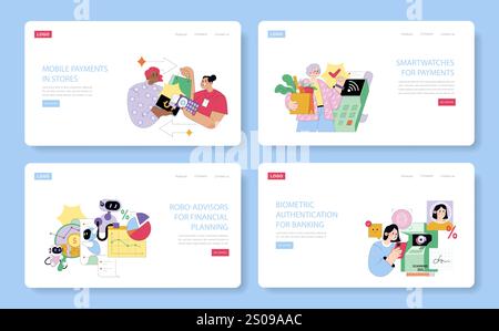 Financial Technologies set. Seamless payments and investment planning interfaces. Mobile, smartwatch, robo-advisors and biometric solutions. Vector illustration. Stock Vector