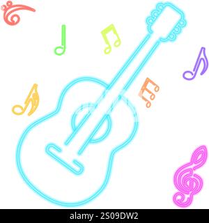 Abstract illustration for music themed designs, posters, and digital artwork, blue glowing neon guitar with colorful music notes, enhancing the visual Stock Vector