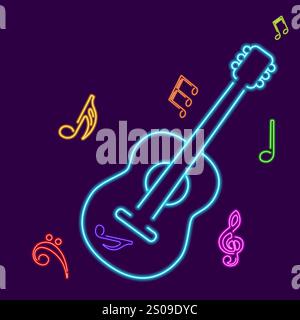 Abstract illustration for music themed designs, posters, and digital artwork, blue glowing neon guitar with colorful music notes, enhancing the visual Stock Vector