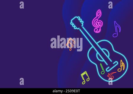 Abstract illustration for music themed designs, posters, and digital artwork, blue glowing neon guitar with colorful music notes, enhancing the visual Stock Vector