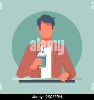 Cartoon man in a brown jacket holding cup of coffee. Flat vector illustration of man without face. Ideal for lifestyle and cozy-themed designs, the im Stock Vector