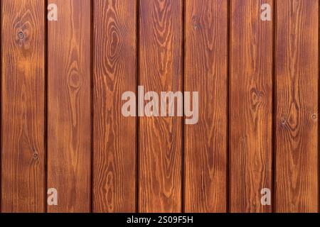 Wooden wall with warm brown planks featuring natural grain and knots. Rustic texture for design backgrounds Stock Photo