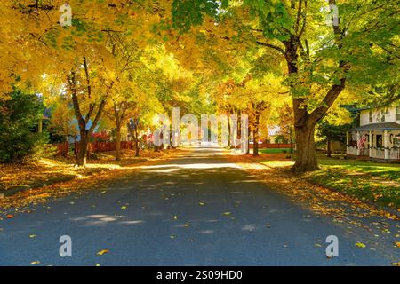 A shady residential street in the historic Sanders Beach district near the lake and downtown in Coeur d'Alene, Idaho, with fall colors at Autumn. Stock Photo