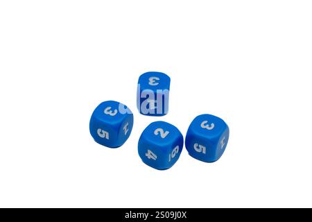 Four Blue Dice Rolled on a White Background – Minimalist Stock Image for Games and Gambling Stock Photo