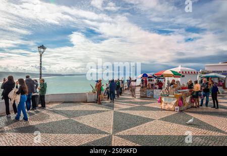 The square of Sitio, atop cliffs overlooking Nazare village, with splendid view to the huge waves of the Atlantic Ocean, in Portugal Stock Photo