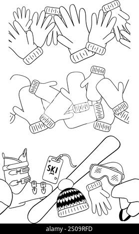 Seamless winter border with ski equipment set Skis, boots, sunglasses, hat, gloves, mitten in graphic line style. Vector graphic line illustration on Stock Vector