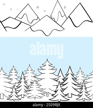 Pine tree and snowy peaks of mountains seamless border template concept. winter landscape. Vector graphic line nature. forest and mountains. illustrat Stock Vector