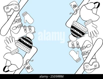 Seamless winter border with ski equipment Skis, boots, sunglasses, hat, gloves, mitten in graphic line style. Vector vertical graphic line template on Stock Vector