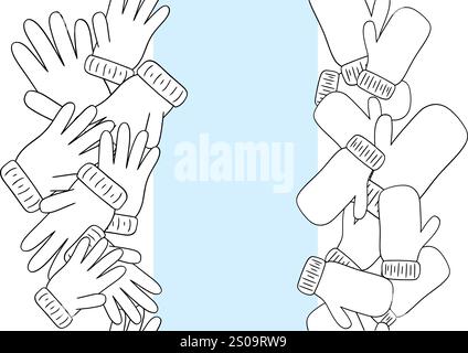 The vertical frame seamless border of winter gloves and mittens with blank space for your text. Graphic line illustration. Template design for flyers, Stock Vector