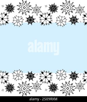 Graphic line seamless vector snowflake border template on transparent background. Monochrome seasonal pattern Border for wrapping paper, greeting card Stock Vector