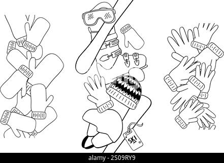 Seamless vertical border set of winter clothes gloves, mittens and ski equipment. Graphic line vector illustration. Template design for flyers, banner Stock Vector