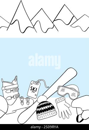 Seamless border Ski equipment and snowy mountains. Repeating pattern of skiing equipment. Vector Horizontal winter sport template for your text. Use a Stock Vector