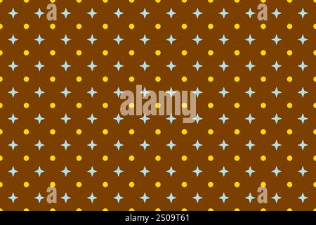 Seamless blue stars and gold circles design on a chocolate background. Stock Vector