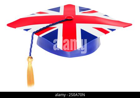 Graduation cap with British flag. Education in the UK or learn English language, concept. 3D rendering isolated on white background Stock Photo