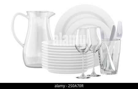 Set of clean tableware, dishes. 3D rendering isolated on white background Stock Photo