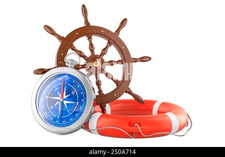 Steering wheel ship, lifebuoy, and compass. 3D rendering isolated on white background Stock Photo