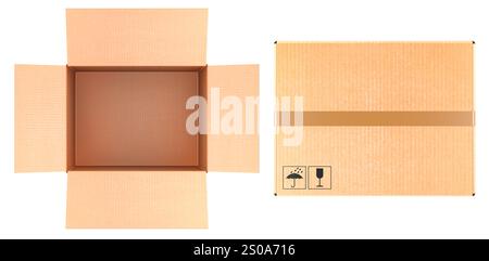 Opened Empty Parcel, cardboard box and closed parcel. 3D rendering isolated on white background Stock Photo