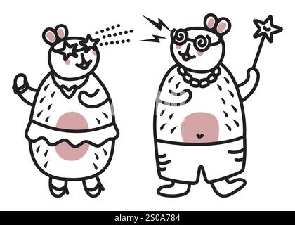 Two festive whimsical capybaras celebrate a holiday, black line vector doodle, trendy kawaii characters, a dance of big friendly rodents, illustration Stock Vector
