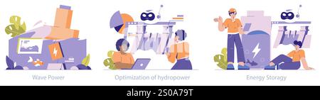 Hydropower set. Renewable energy technology and sustainable power generation. Wave conversion, system efficiency, and electricity storage illustrated. Vector illustration. Stock Vector