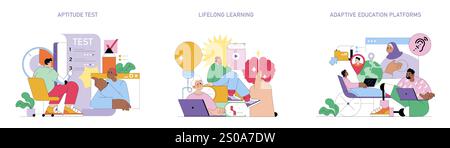 Career Change set. Professionals engaging in skill assessments, continuous learning, and adaptive online education. Illustrations of personal development journey. Vector illustration. Stock Vector