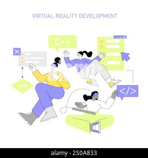Women in Technology concept. Female developers creating virtual reality software with coding elements. Career in tech industry. Vector illustration. Stock Vector