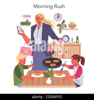 Working Mom Life concept. A multitasking mother prepares breakfast with her kids while managing work tasks on her smartphone. Vector illustration. Stock Vector