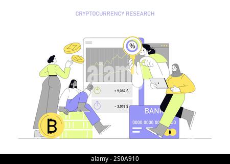 Women in technology concept. Analyzing cryptocurrency trends and market data. Collaboration in digital finance research. Vector illustration. Stock Vector