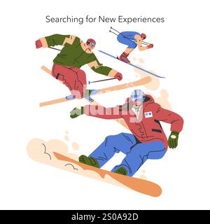 Winter sports adventure concept. Enthusiastic skiers glide down snowy slopes, embodying the thrill of new experiences. Dynamic posture, bright attire. Vector illustration. Stock Vector
