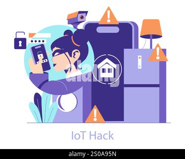 Cybercrime concept. A hacker compromises smart home devices using a smartphone to illustrate the risks of IoT technology. Modern digital safety threats. Vector illustration. Stock Vector
