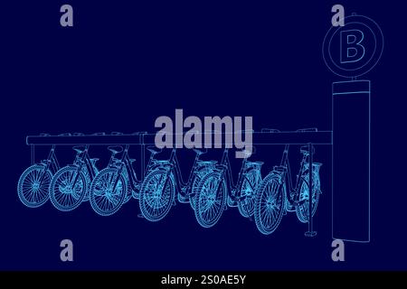Blue sign with the letter B on it. The sign is above a row of bicycles. The bicycles are hanging from a rack Stock Vector