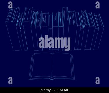 Blue outline books. The book is open to a page with a blue contour image of a book Stock Vector