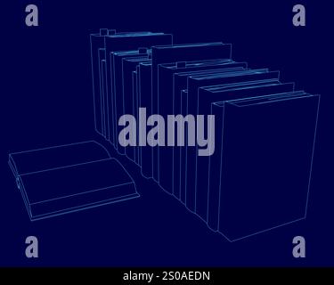 Stack of books is shown in a blue color. The books are arranged in a row, and the image has a monochromatic color scheme. Scene is calm and serene, as Stock Vector