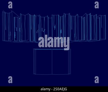 Blue background with a book on it. The book is open and the pages are spread out Stock Vector