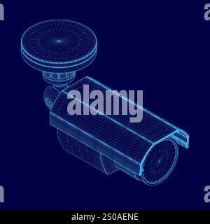 Blue image of a CCTV camera with a blue lens. The camera is a security camera and is placed on a blue background Stock Vector