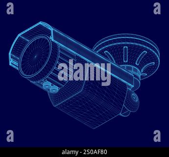 Blue drawing of a security camera. The camera is in the middle of the image and is surrounded by a blue border Stock Vector