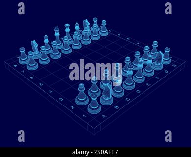Chess board with a blue background and a blue chess set. The chess pieces are scattered across the board, with some of them being in the middle of the Stock Vector