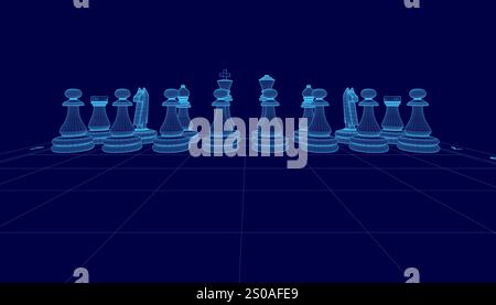 Blue chess board with a row of blue chess pieces. The chess pieces are arranged in a row, with some of them being closer to the viewer and others furt Stock Vector