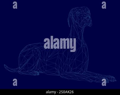 Dog is laying on the ground in a blue background. The dog is looking at the camera Stock Vector