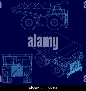 Blue drawing of a truck with a blue background. The truck is shown in three different views, with the front view showing the truck's wheels and the ba Stock Vector