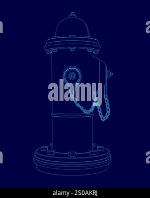 Blue drawing of a fire hydrant with a chain around it. The chain is hanging down from the top of the hydrant Stock Vector