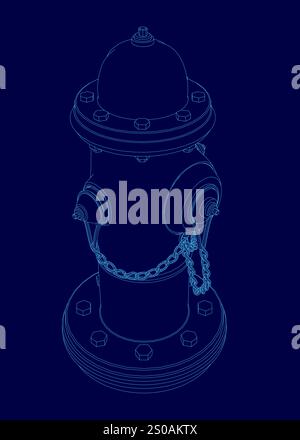Blue drawing of a fire hydrant with a chain around it. The chain is attached to the hydrant and is hanging down Stock Vector