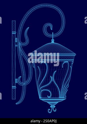 Blue lamp with a trim is shown in a blue background. The lamp is a decorative piece that adds a touch of elegance to the room Stock Vector
