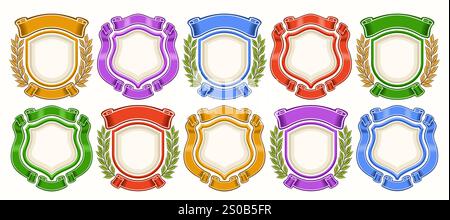 Vector Blazon Set, collection of 10 isolated illustrations colorful medieval blazons with empty copy space, group of variety vintage blazon templates Stock Vector