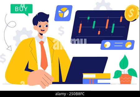 Trader Vector Illustration Featuring Financial Trend Evaluation, Data Analysis, Traders Analyzing Charts, Candle Bars, and Graphs on Digital Devices Stock Vector