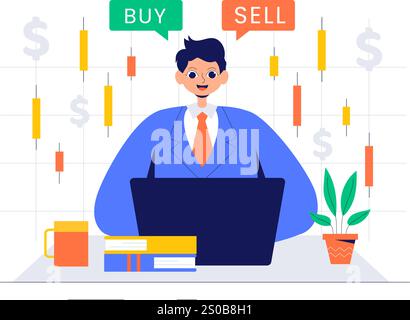 Trader Vector Illustration Featuring Financial Trend Evaluation, Data Analysis, Traders Analyzing Charts, Candle Bars, and Graphs on Digital Devices Stock Vector