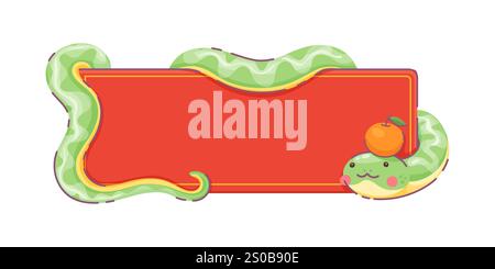 Green cartoon snake with mandarin fruit on its head, wrapping around a rectangular red banner. Vector cute reptile radiates joy and symbolizes prosperity for Chinese lunar new year 2025 celebrations Stock Vector