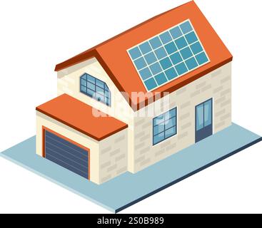 Small isometric rural house with a solar panel on the roof, eco-friendly technology concept. Ideal for sustainability projects, architectural visualiz Stock Vector