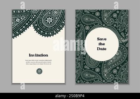 Two greeting cards templates set with black and white paisley motifs Stock Vector