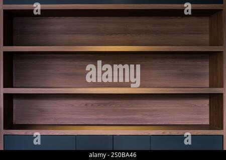 empty space of built in wooden shelf at wall with down-light Stock Photo